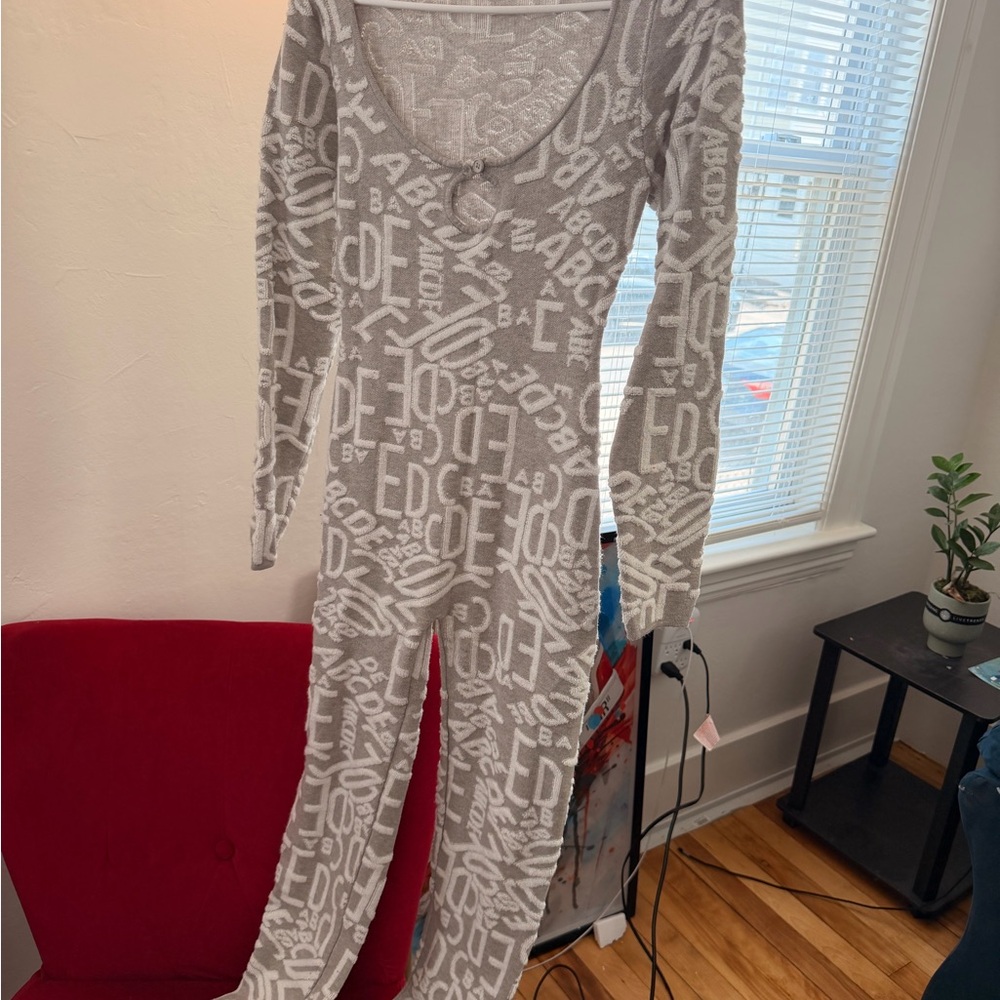 AKIRA Gray and White Letter-Print Jumpsuit